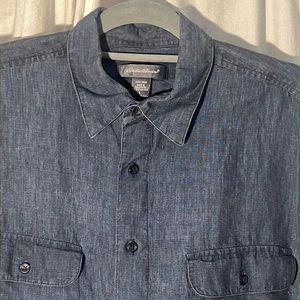 Eddie Bauer navy linen shirt/button front/long sleeve/2 flap pockets-EUC